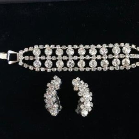 Vintage Rhinestone Bracelet and Clip On Earring Set - Picture 1 of 10